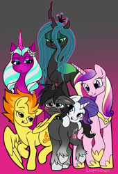 Size: 3000x4400 | Tagged: safe, artist:leopardsnaps, opaline arcana, princess cadance, queen chrysalis, rarity, spitfire, oc, oc:crystal nightshine, alicorn, changeling, changeling queen, pegasus, pony, unicorn, g4, g5, bedroom eyes, blushing, canon x oc, crystal nightshine gets all the mares, flirting, gradient background, group, harem, lidded eyes, lucky bastard, seductive, seductive look, sexy, smiling, smug, stupid sexy chrysalis, stupid sexy oc, stupid sexy spitfire