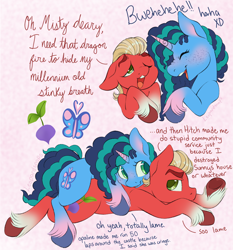Size: 4000x4300 | Tagged: safe, artist:leopardsnaps, misty brightdawn, sprout cloverleaf, earth pony, pony, unicorn, g5, cuddling, duo, duo male and female, female, implied opaline arcana, laughing, lying down, lying on top of someone, male, mare, mocking, ship:mistyclover, shipping, stallion, straight, text, wholesome