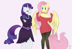 Size: 3697x2500 | Tagged: safe, artist:leopardsnaps, fluttershy, rarity, pegasus, unicorn, anthro, g4, belt, breasts, busty fluttershy, busty rarity, choker, clothes, dress, duo, ear piercing, earring, female, high res, jewelry, leggings, necklace, pearl necklace, piercing, tight clothing, tights