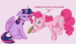 Size: 3500x2032 | Tagged: safe, artist:leopardsnaps, pinkie pie, twilight sparkle, alicorn, earth pony, pony, g4, annoyed, dialogue, duo, female, floppy ears, food, happy, high res, mare, no pupils, pi, pie, pink background, pun, simple background, text, twilight sparkle (alicorn), twilight sparkle is not amused, unamused