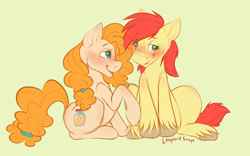 Size: 4000x2500 | Tagged: safe, artist:leopardsnaps, bright mac, pear butter, earth pony, pony, g4, apple family member, blushing, brightabetes, cute, duo, female, freckles, lidded eyes, loving gaze, male, pearabetes, raised hoof, shipping, shy, simple background, sitting, straight, unshorn fetlocks, yellow background
