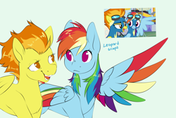 Size: 3300x2200 | Tagged: safe, artist:leopardsnaps, rainbow dash, spitfire, pegasus, pony, g4, colored wings, duo, female, high res, lesbian, multicolored wings, no pupils, rainbow wings, screencap reference, shipping, simple background, wings, wonderbolts
