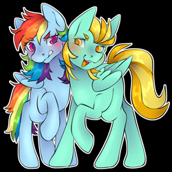 Size: 3000x3000 | Tagged: safe, artist:leopardsnaps, lightning dust, rainbow dash, pegasus, pony, g4, black background, blushing, colored pupils, duo, female, high res, lesbian, looking at each other, looking at someone, ship:rainbowdust, shipping, simple background