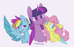 Size: 2589x1665 | Tagged: safe, artist:leopardsnaps, fluttershy, rainbow dash, twilight sparkle, alicorn, pegasus, pony, g4, :p, alternate hairstyle, bust, chest fluff, colored wings, colored wingtips, eye clipping through hair, eyebrows, eyebrows visible through hair, female, horn, lesbian, mare, polyamory, purple background, ship:flutterdash, ship:twidash, ship:twishy, shipping, simple background, smiling, tongue out, trio, twilight sparkle (alicorn), wings