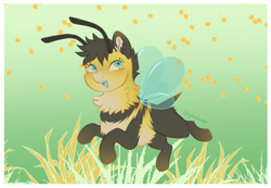 Size: 1550x1074 | Tagged: safe, artist:leopardsnaps, oc, oc only, bee, bee pony, insect, original species, abstract background, antennae, bee wings, fluffy, passepartout, smiling, solo, stinger