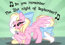 Size: 2048x1422 | Tagged: safe, alternate version, artist:emberslament, oc, oc only, oc:bay breeze, pegasus, pony, blushing, bow, cute, dancing, earth wind & fire, eyes closed, eyeshadow, female, hair bow, lyrics, makeup, mare, microphone, music notes, ocbetes, open mouth, raised hoof, september, singing, smiling, solo, spread wings, sunburst background, tail, tail bow, text, thick eyelashes, wing hands, wing hold, wings