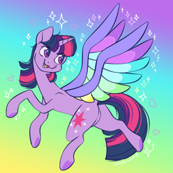 Size: 3000x3000 | Tagged: safe, artist:leopardsnaps, twilight sparkle, alicorn, pony, g4, my little pony: rainbow roadtrip, butt, colored wings, featureless crotch, female, gradient background, happy, high res, looking at something, mare, multicolored wings, open mouth, open smile, plot, rainbow wings, slender, smiling, solo, sparkles, spread wings, starry eyes, thin, twibutt, twilight sparkle (alicorn), underhoof, wing bling, wingding eyes, wings