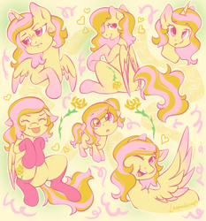 Size: 2800x3000 | Tagged: safe, artist:leopardsnaps, oc, oc only, oc:golden rose, alicorn, pegasus, pony, :o, :p, abstract background, blush lines, blushing, clothes, colored wings, expressions, eye clipping through hair, eyebrows, eyebrows visible through hair, female, filly, floppy ears, foal, heart, high res, looking at you, looking away, mare, one eye closed, open mouth, shy, sitting, socks, solo, tongue out, tsundere, wings, wink, winking at you