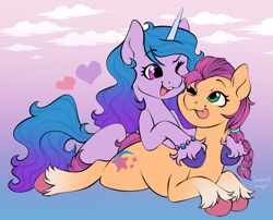 Size: 3000x2424 | Tagged: safe, artist:leopardsnaps, izzy moonbow, sunny starscout, earth pony, pony, unicorn, g5, ;p, cuddling, duo, duo female, female, gradient background, gradient hair, high res, lesbian, looking at each other, looking at someone, lying down, mare, one eye closed, open mouth, open smile, prone, ship:moonscout, shipping, smiling, snuggling, sploot, tongue out, wink