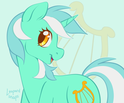 Size: 3600x3000 | Tagged: safe, artist:leopardsnaps, lyra heartstrings, pony, unicorn, g4, cutie mark background, female, green background, high res, mare, open mouth, open smile, signature, simple background, smiling, solo, turned head