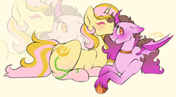 Size: 3000x1654 | Tagged: safe, artist:leopardsnaps, oc, oc only, oc:golden rose, alicorn, bat pony, bat pony alicorn, pony, unicorn, bat wings, blushing, choker, curved horn, duo, duo female, extended cutie mark, eyes closed, female, forehead kiss, gradient hooves, grumpy, horn, jewelry, kissing, leg cutie mark, lesbian, necklace, oc x oc, shipping, shy, simple background, tsundere, unshorn fetlocks, wings, yellow background, zoom layer