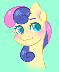 Size: 1350x1650 | Tagged: safe, artist:leopardsnaps, bon bon, sweetie drops, earth pony, pony, g4, adorabon, blushing, bust, colored pupils, cute, female, green background, mare, simple background, smiling, solo