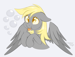 Size: 2100x1600 | Tagged: safe, artist:leopardsnaps, derpy hooves, pegasus, pony, g4, :p, bubble, colored wings, cute, cutie mark background, derp, derpabetes, female, floppy ears, gray background, mare, puffy cheeks, signature, silly, simple background, solo, tongue out, wings