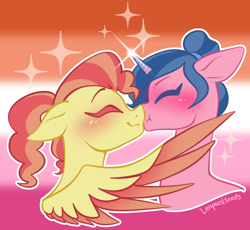 Size: 2170x2000 | Tagged: safe, artist:leopardsnaps, autumn skies, plum library, pegasus, pony, unicorn, g5, background pony, colored wings, duo, eyes closed, female, gradient background, high res, kiss on the lips, kissing, lesbian, lesbian pride flag, outline, plumskies, pride, pride flag, pride flag background, scrunchy face, shipping, signature, smooch, sparkles, two toned wings, white outline, wings
