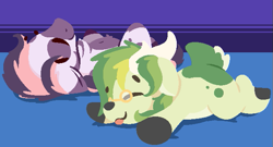 Size: 635x342 | Tagged: safe, alternate version, artist:rhythmpixel, oc, oc only, oc:hu'lakai, oc:rhythm fruit, deer, zebra, deer oc, eyes closed, lying down, non-pony oc, prone, sleeping, tongue out, zebra oc