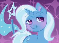 Size: 1900x1400 | Tagged: safe, artist:leopardsnaps, trixie, pony, unicorn, g4, blushing, cute, diatrixes, female, lidded eyes, mare, simple background, smiling, solo, sparkles