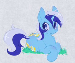 Size: 2500x2100 | Tagged: safe, artist:leopardsnaps, minuette, pony, unicorn, g4, :3, both cutie marks, female, grass, high res, looking away, lying down, mare, simple background, solo