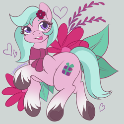Size: 2700x2700 | Tagged: safe, artist:leopardsnaps, dahlia, earth pony, pony, g5, adordahlia, clothes, cute, female, flower, flower in hair, high res, hoof heart, looking at you, mare, open mouth, open smile, raised hoof, scarf, simple background, smiling, solo, underhoof