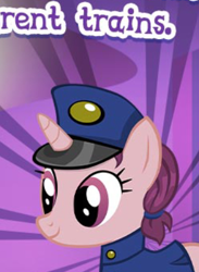 Size: 320x438 | Tagged: safe, gameloft, idw, midnight express, pony, unicorn, g4, my little pony: magic princess, official, clothes, conductor, cropped, english, female, hat, horn, idw showified, mare, meme, shirt, solo, text, wow! glimmer