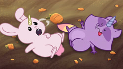 Size: 3072x1727 | Tagged: safe, screencap, bunnycorn, rabbit, raccoon, raccoonicorn, attack of the bunnisus, g5, my little pony: tell your tale, spoiler:g5, spoiler:my little pony: tell your tale, spoiler:tyts01e61, :p, burp, carrot, duo, eyes closed, food, open mouth, stuffed, tongue out