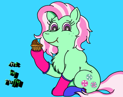 Size: 2500x1980 | Tagged: safe, artist:puffydearlysmith, minty, earth pony, pony, g3, blue background, chest fluff, clothes, cupcake, eating, female, food, freckles, looking at you, mare, simple background, socks, solo