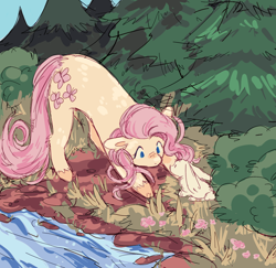 Size: 1902x1849 | Tagged: safe, artist:izzypaw, angel bunny, fluttershy, earth pony, pony, rabbit, g4, animal, cute, duo, earth pony fluttershy, flower, forest, grass, looking at each other, looking at someone, race swap, river, shyabetes, signature, stream, water