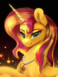 Size: 1800x2400 | Tagged: safe, artist:darksly, sunset shimmer, pony, unicorn, g4, bust, cutie mark accessory, cutie mark necklace, female, jewelry, mare, necklace, portrait, signature, smiling, solo