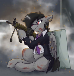 Size: 2919x2988 | Tagged: safe, artist:reddthebat, oc, oc only, pegasus, pony, blood, female, gun, h&k g3, high res, hoof hold, mare, necktie, not octavia, rifle, solo, weapon