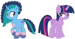 Size: 4125x2170 | Tagged: safe, artist:angelina-pax, artist:twilyisbestpone, misty brightdawn, twilight sparkle, alicorn, pony, unicorn, g4, g5, base used, bedroom eyes, coat markings, colored belly, colored hooves, crack shipping, duo, duo female, eyeshadow, female, g5 to g4, generation leap, high res, lesbian, makeup, mare, one eye closed, ship:twidawn, shipping, simple background, smiling, socks (coat markings), tail, transparent background, twilight sparkle (alicorn), two toned mane, two toned tail, unshorn fetlocks, wink