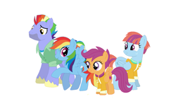 Size: 1169x733 | Tagged: artist needed, safe, artist:selenaede, bow hothoof, rainbow dash, scootaloo, windy whistles, pegasus, pony, g4, adopted, adopted offspring, clothes, dyed mane, family, female, filly, foal, headcanon in the description, jacket, male, mare, parent:bow hothoof, parent:windy whistles, parents:windyhoof, rainbow dash's parents, scootadoption, scootalove, simple background, stallion, white background