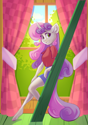 Size: 1100x1560 | Tagged: safe, artist:kittytitikitty, sweetie belle, unicorn, anthro, unguligrade anthro, g4, clothes, curved horn, female, horn, looking at you, smiling, solo, window