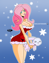 Size: 2550x3300 | Tagged: safe, artist:chillguydraws, angel bunny, fluttershy, human, rabbit, g4, angel bunny is not amused, animal, big breasts, big lips, breasts, busty fluttershy, cleavage, clothes, dress, duo, duo male and female, female, gradient background, high res, humanized, looking at you, male, santa dress, smiling, smiling at you, snow, snowflake, unamused, wasp waist, wide hips
