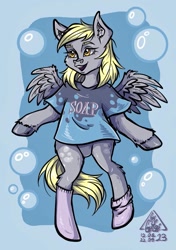 Size: 901x1280 | Tagged: safe, artist:gigisarts, derpy hooves, pegasus, pony, g4, bubble, clothes, cute, derp, digital art, gray body, procreate app, shirt, socks, solo, t-shirt, yellow eyes