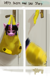 Size: 1500x2312 | Tagged: safe, artist:hierozaki, twilight sparkle, pony, unicorn, g4, bag, comic, cute, door, door handle, falling, female, frown, funny, looking at you, mare, plastic bag, ponified animal photo, solo, twiabetes, twilight sparkle is not amused, unamused, underhoof, unicorn twilight