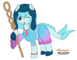 Size: 1320x1030 | Tagged: safe, artist:bloonacorn, oc, oc only, oc:whaletail, merpony, hat, simple background, solo, staff, tongue out, transparent background