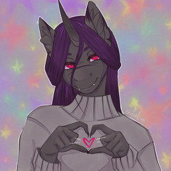 Size: 2048x2048 | Tagged: safe, artist:enderbee, oc, oc:enderbee, unicorn, anthro, bust, clothes, colored, fangs, heart, heart hands, high res, horn, icon, long hair, portrait, purple hair, red eyes, sketch, solo, sweater, unicorn oc