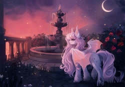 Size: 1280x893 | Tagged: safe, artist:sweettsa1t, oc, oc only, bat pony, pony, crescent moon, ear fluff, female, flower, fountain, garden, mare, moon, rose, solo, stars, sunset, unshorn fetlocks