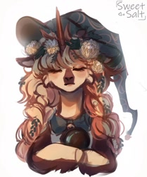 Size: 903x1080 | Tagged: safe, artist:sweettsa1t, oc, oc only, pony, unicorn, bust, clothes, eyes closed, female, floral head wreath, flower, hat, simple background, solo, white background, witch hat