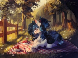 Size: 1280x960 | Tagged: safe, artist:sweettsa1t, oc, oc only, pegasus, pony, book, bowl, cake, cake slice, colored wings, commission, drawing, drink, ear fluff, female, fence, food, forest, glasses, hair tie, herbivore, lying down, mare, multicolored wings, notebook, outdoors, pegasus oc, picnic, picnic blanket, plate, prone, round glasses, solo, strawberry, tree, unshorn fetlocks, wings