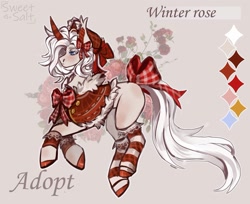 Size: 1280x1045 | Tagged: safe, artist:sweettsa1t, oc, oc only, oc:winter rose, pony, unicorn, adoptable, bow, cape, clothes, curved horn, horn, socks, solo, striped socks, tail, tail bow