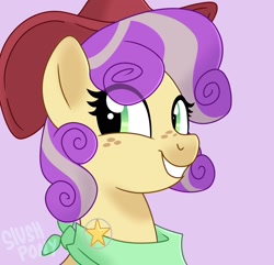 Size: 2048x1978 | Tagged: safe, artist:slushpony, oc, oc only, oc:quickdraw, earth pony, pony, bust, clothes, commissioner:dhs, cowboy hat, freckles, hat, looking at you, outdated design, portrait, purple background, purple mane, scarf, sheriff's badge, simple background, smiling, solo, stetson, two toned mane