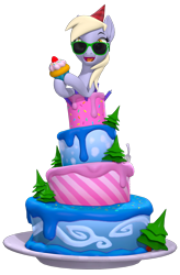 Size: 2159x3300 | Tagged: safe, artist:owlpirate, derpy hooves, pegasus, pony, g4, 3d, cake, cupcake, cute, derpabetes, female, food, hat, high res, hoof hold, looking at you, mare, open mouth, open smile, party hat, ponies in food, simple background, smiling, smiling at you, solo, source filmmaker, sunglasses, transparent background