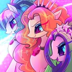 Size: 2048x2048 | Tagged: safe, artist:qwennondeathdie, adagio dazzle, aria blaze, sonata dusk, earth pony, pony, g4, equestria girls ponified, eye clipping through hair, female, gem, heart, heart eyes, high res, mare, open mouth, open smile, ponified, siren gem, smiling, starry eyes, the dazzlings, trio, wingding eyes