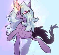 Size: 2140x1996 | Tagged: safe, artist:qwennondeathdie, oc, oc only, pony, unicorn, eye clipping through hair, glowing, glowing horn, horn, one eye closed, smiling, solo, standing on two hooves