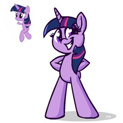 Size: 800x800 | Tagged: safe, artist:whateverbender, twilight sparkle, pony, unicorn, g4, adorawat, bipedal, cursed image, cute, female, grin, hooves on hips, mare, no tail, simple background, smiling, solo, twiabetes, unicorn twilight, wat, white background