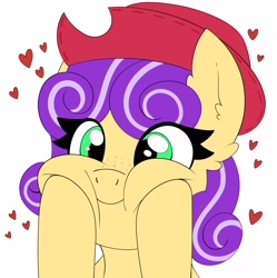 Size: 2039x2048 | Tagged: safe, oc, oc only, oc:quickdraw, earth pony, pony, bedroom eyes, cheek squish, clothes, commissioner:dhs, cowboy hat, happy, hat, heart, high res, looking at you, oral, outdated design, purple coat, purple mane, simple background, solo, squishy cheeks, stetson, white background, yellow coat