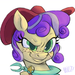Size: 1723x1723 | Tagged: safe, artist:bhlt, oc, oc only, oc:quickdraw, earth pony, pony, bust, caricature, clothes, colored, commissioner:dhs, confident, cowboy hat, dreamworks face, freckles, hat, outdated design, portrait, purple mane, scarf, sheriff's badge, simple background, smiling, solo, stetson, white background, yellow coat