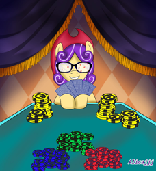 Size: 1226x1342 | Tagged: safe, artist:alicajjj, oc, oc only, oc:quickdraw, commissioner:dhs, cowboy hat, glasses, hat, hooves, looking at you, outdated design, playing card, poker, poker chips, purple mane, reflection, smiling, solo, stetson, table, yellow coat