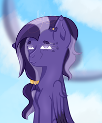 Size: 2709x3269 | Tagged: safe, artist:thecommandermiky, oc, oc only, oc:miky command, pegasus, pony, bow, cloud, female, hair accessory, hair bow, hair tie, high res, long hair, long mane, mare, pegasus oc, purple coat, purple eyes, purple hair, sky, sky background, smiling, solo, spots, wings