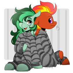 Size: 3000x3000 | Tagged: safe, artist:ghostjimi, oc, oc only, oc:eden shallowleaf, oc:tinderbox, clothes, cuffs, duo, high res, never doubt rainbowdash69's involvement, passepartout, prison outfit, prison stripes, prisoner, shackles